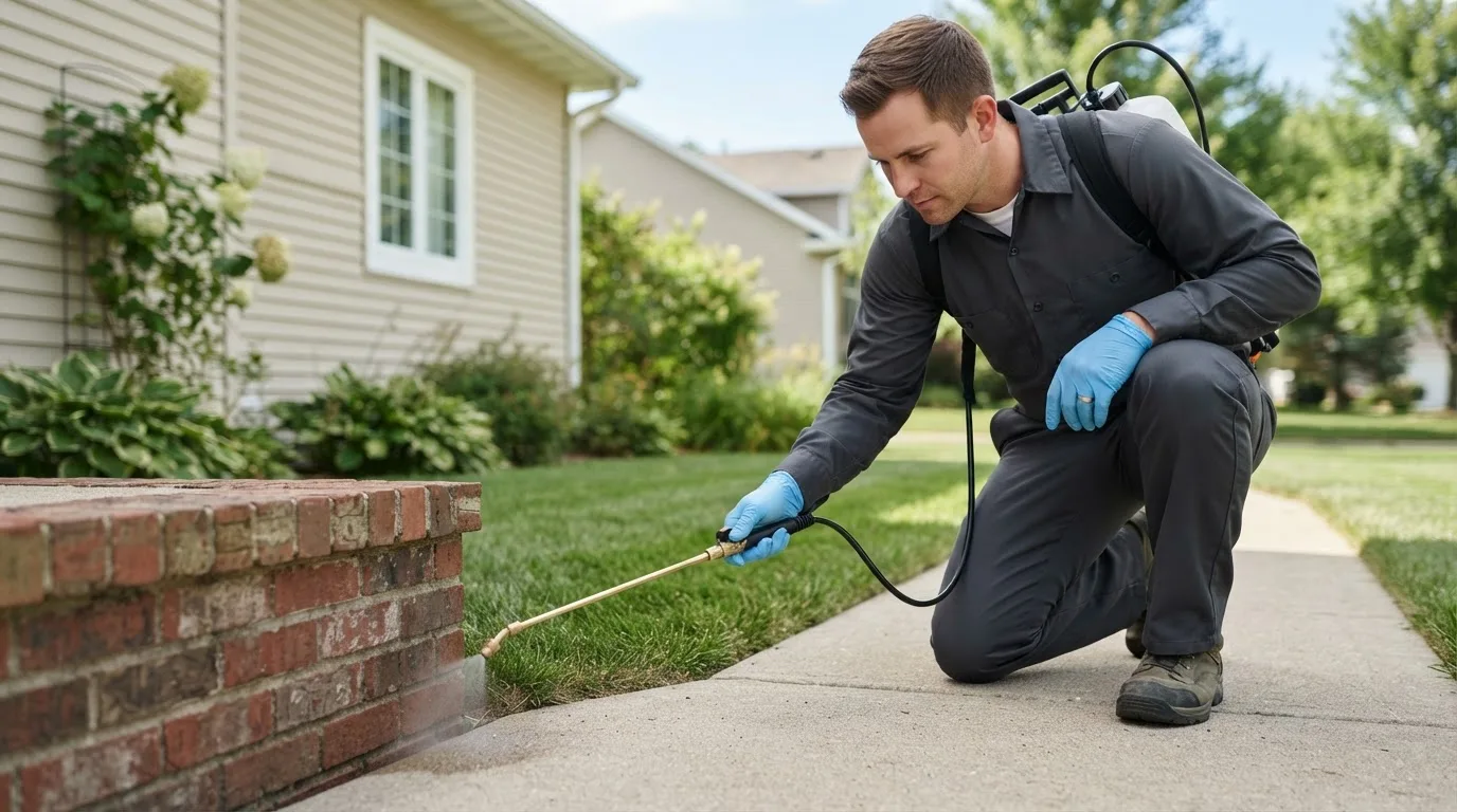 Pest control technician treating a home near Ridgedale, MO